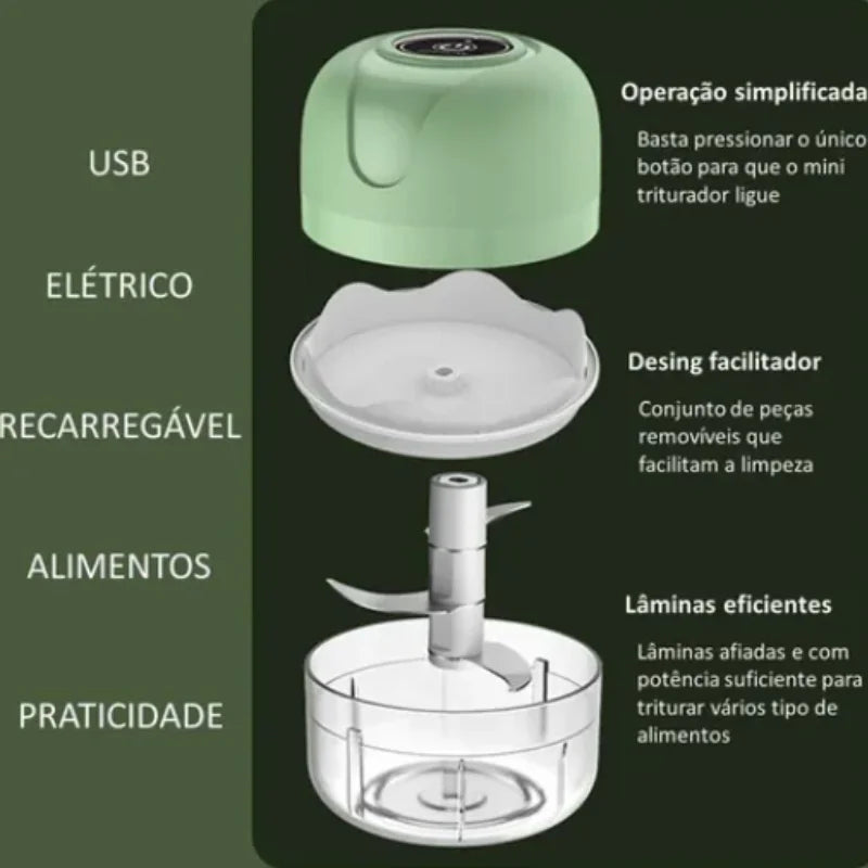 Mini Processador Elétrico de Alimentos Portátil C/ 3 lâminas de Aço Inox USB 250ml Bivolt